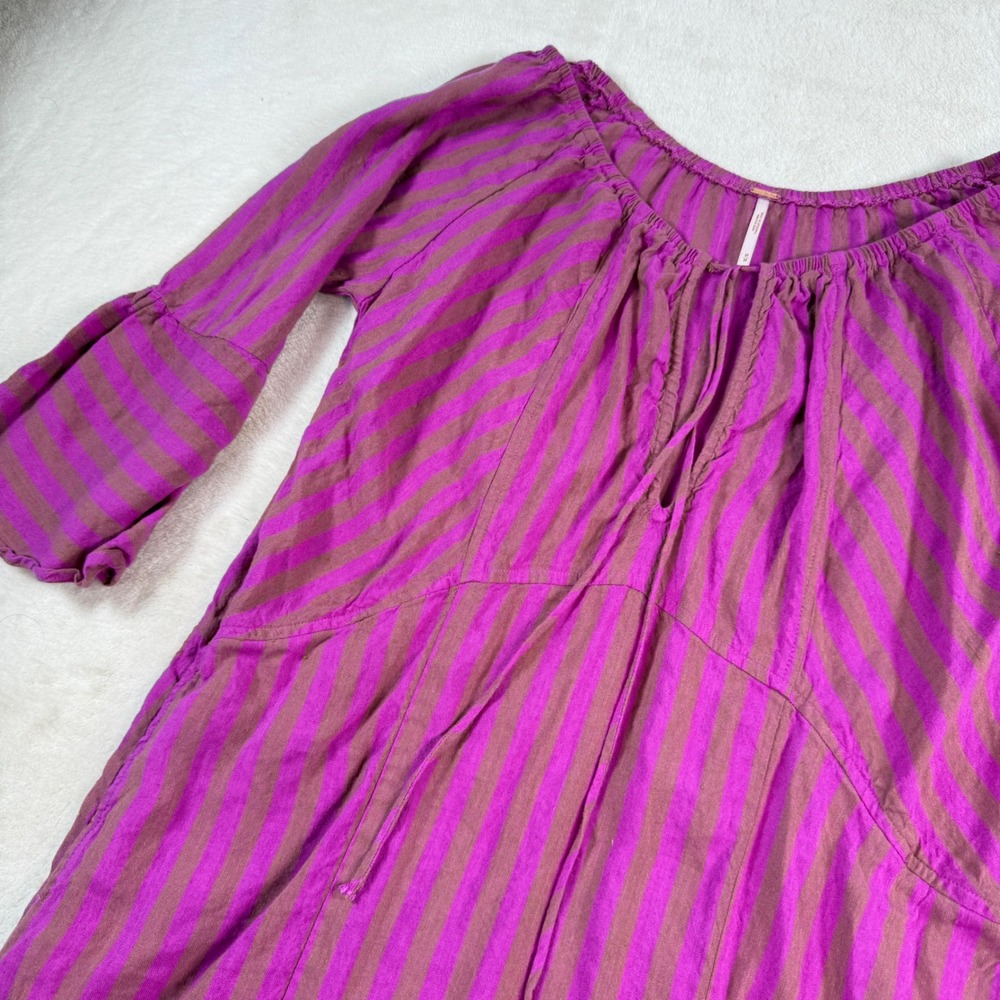 Free People Purple Brown Striped Linen Blend Tunic Dress Bell Sleeve‎ Womens M